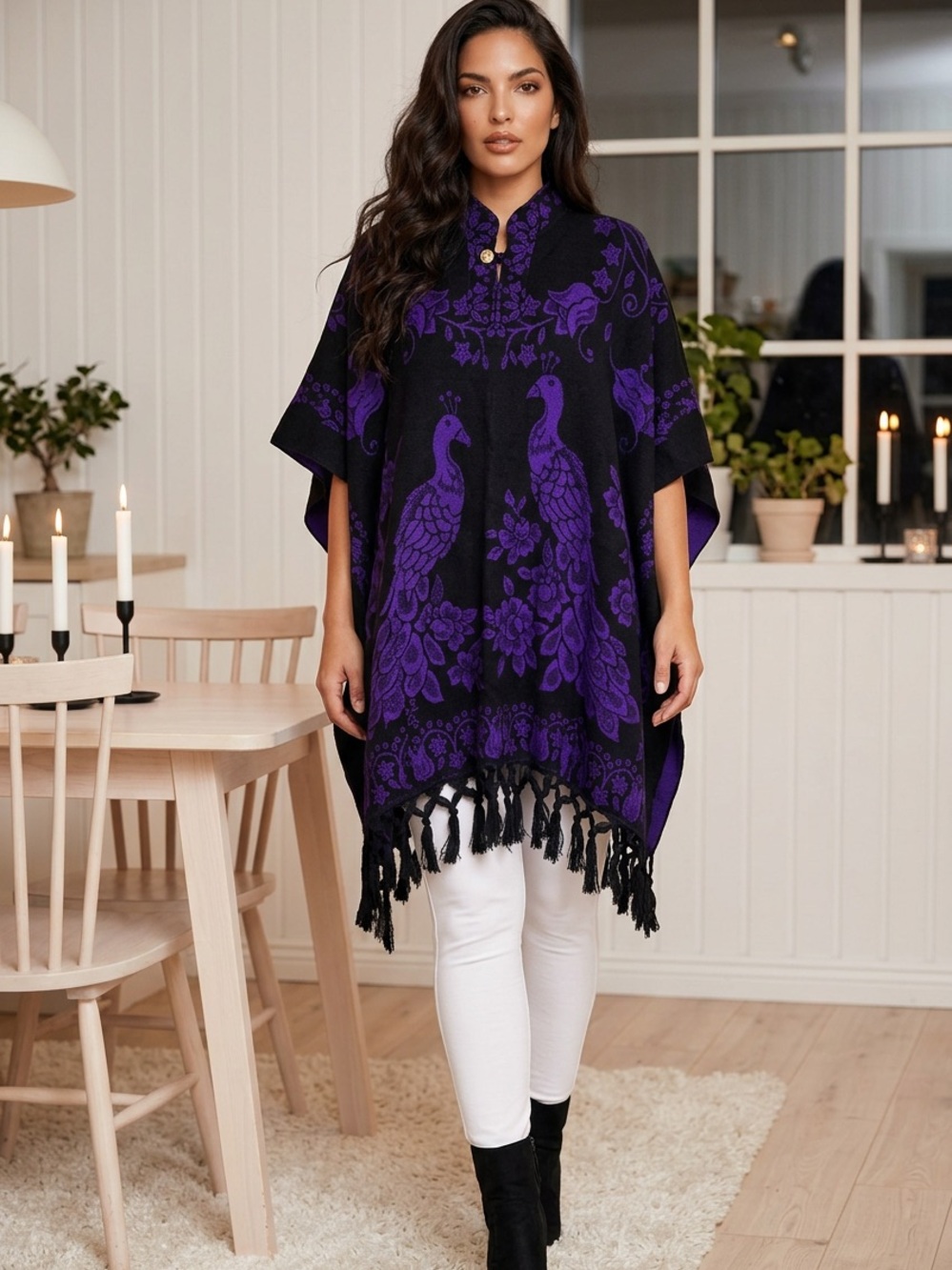 Artesanía San Martín Handmade Purple/black Peacock Print Mexican Poncho. OS
